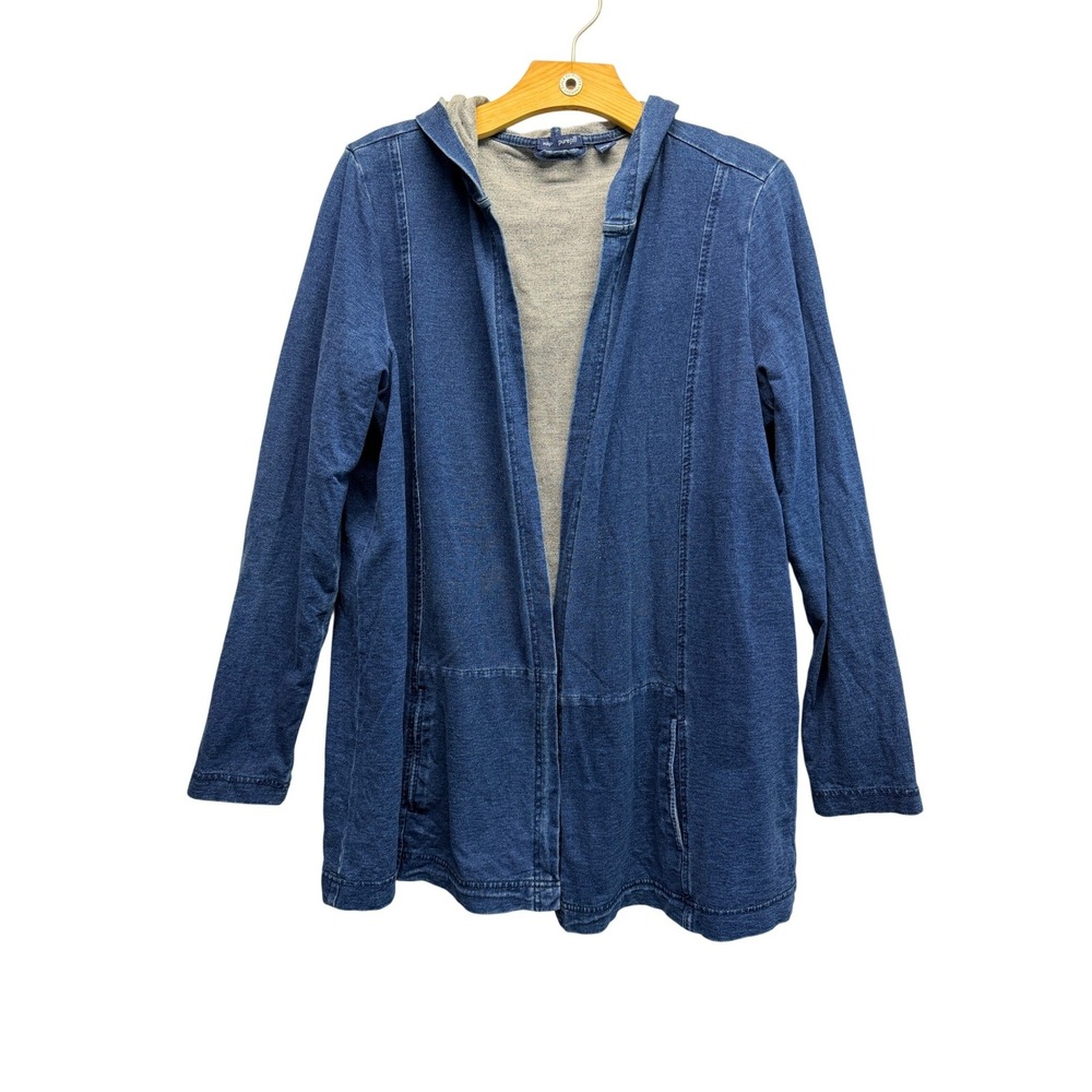 Pure Jill Cardigan Hooded Open Front Size M Indigo Blue Women